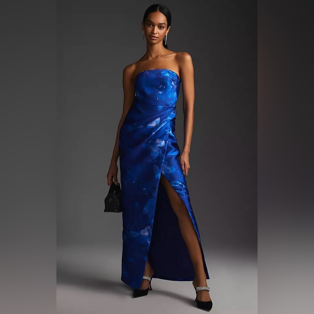 ML Monique Lhuillier Royal Blue Floral Strapless Gown Size 4
